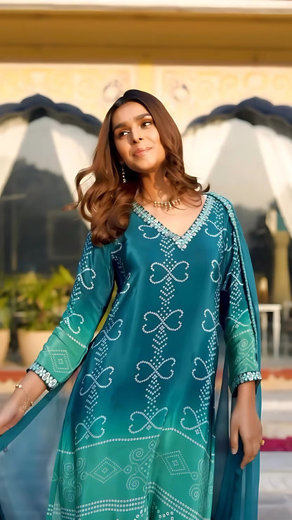 Blue and Green Ombré Pure Crepe Bandhani Suit Set