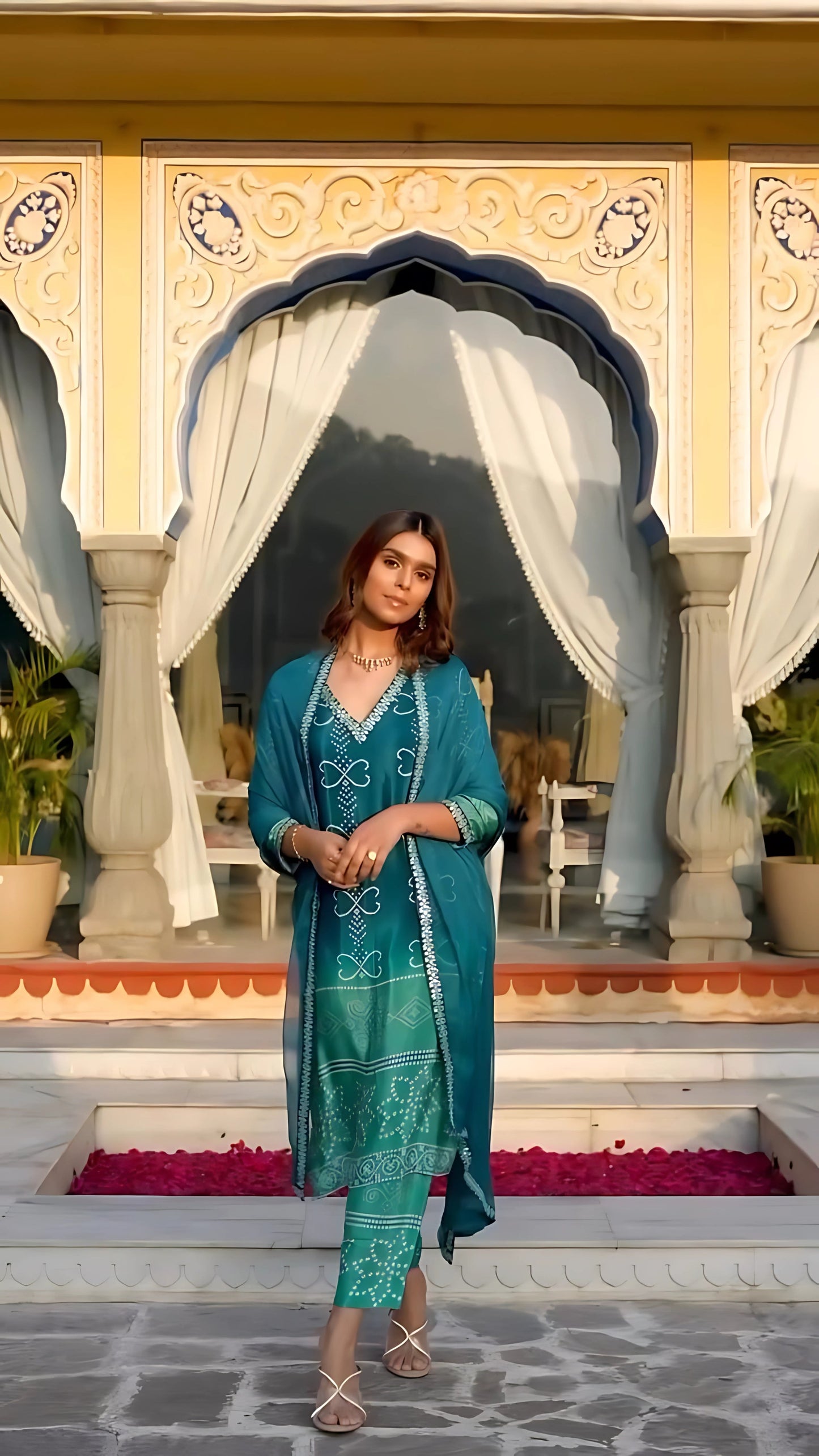 Blue and Green Ombré Pure Crepe Bandhani Suit Set