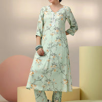 Sea Green Printed Silk Blend Co-Ords