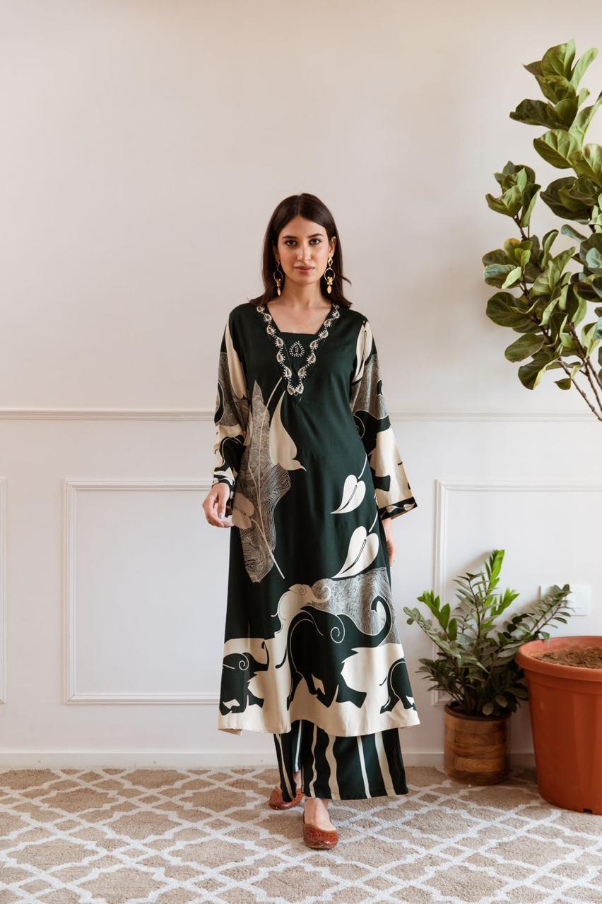 Printed Beads and Stones A Line Kurta With Palazzos