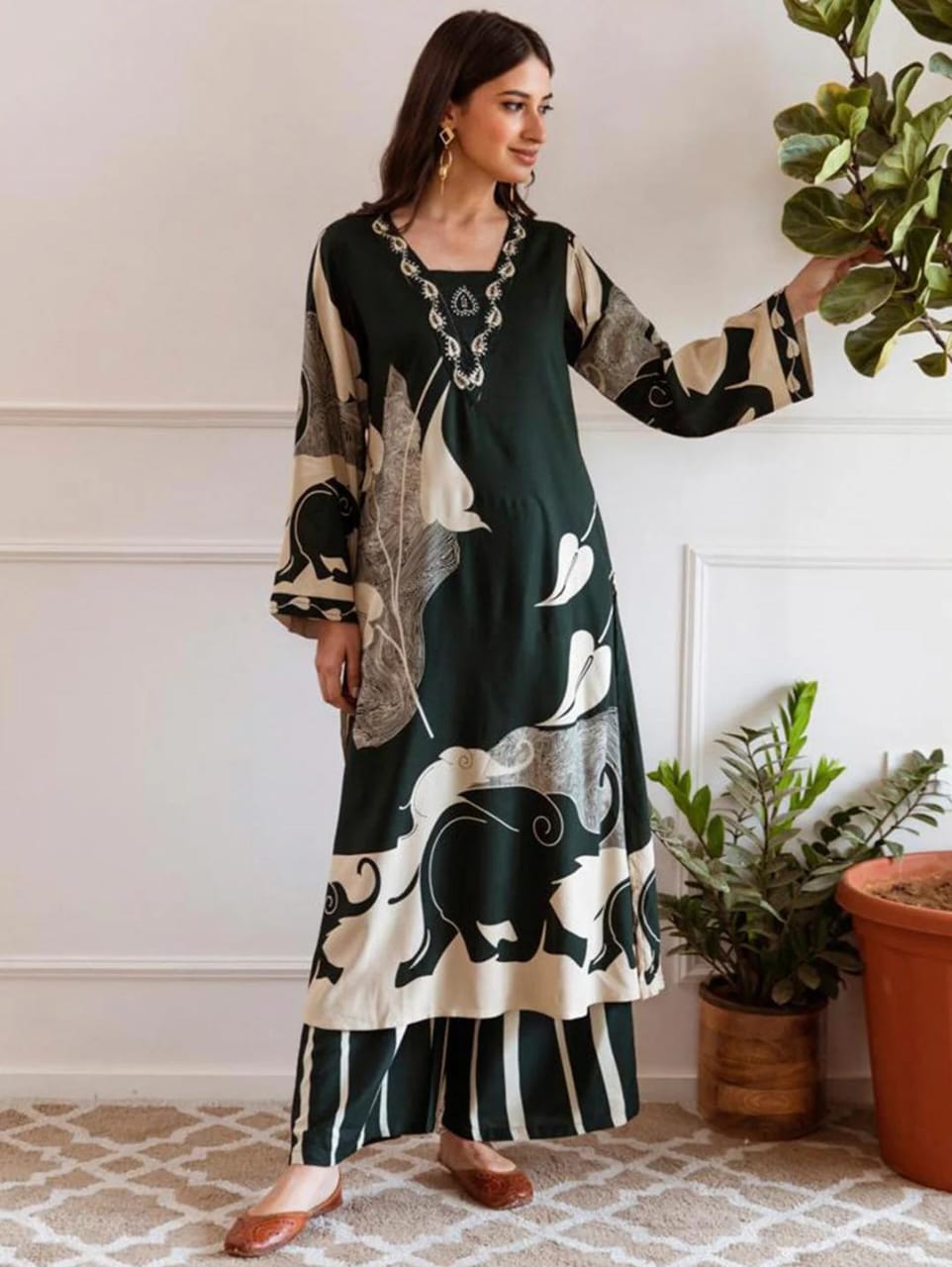 Printed Beads and Stones A Line Kurta With Palazzos