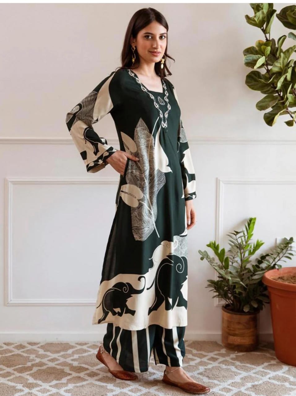 Printed Beads and Stones A Line Kurta With Palazzos