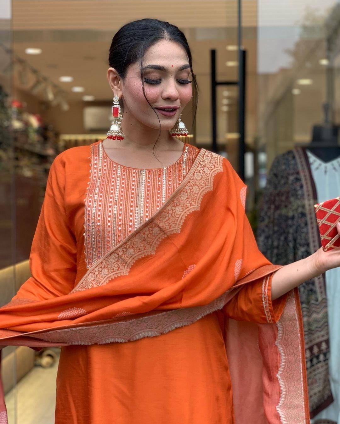 Neck Sequin orange  Kurti set