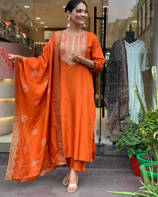 Neck Sequin orange  Kurti set