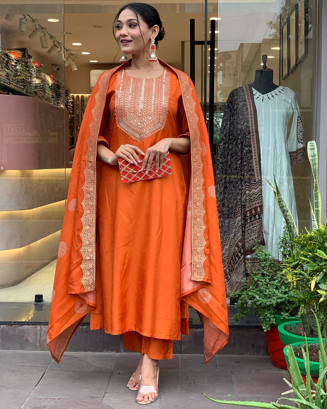 Neck Sequin orange  Kurti set