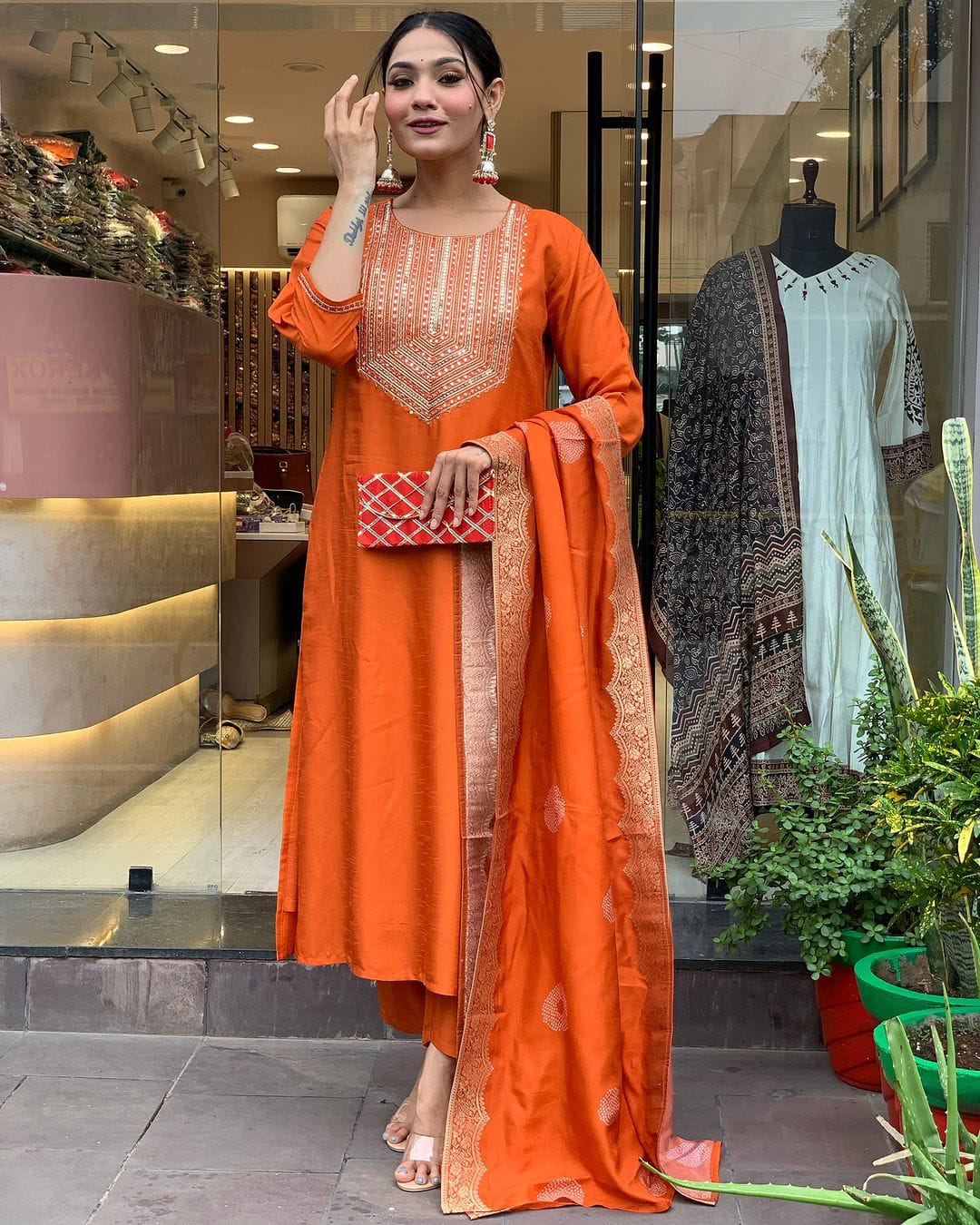 Neck Sequin orange  Kurti set