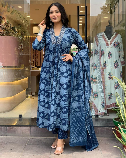 Floral blue Kurti Set