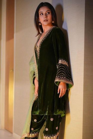 Sehnaaz Gil Wear Dark Green Viscose Velvet Suit